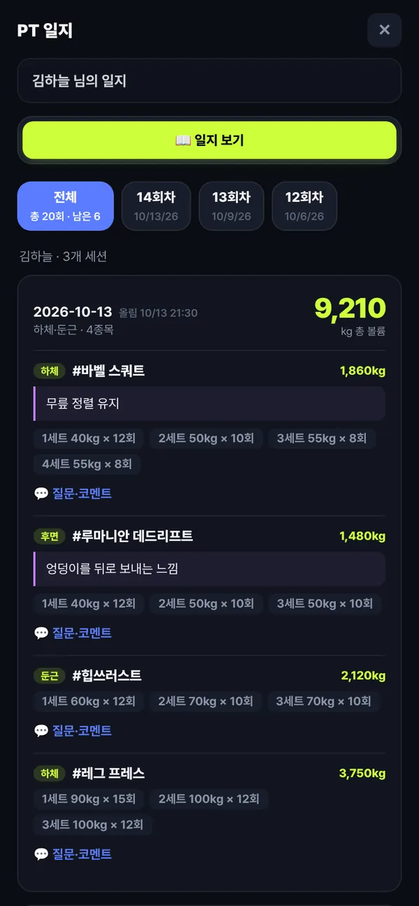 PT 일지 화면. 회차별 운동 기록과 총 볼륨