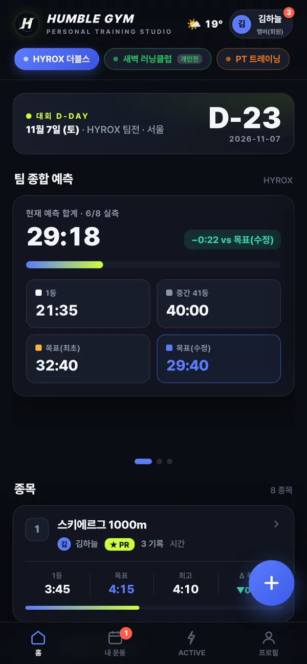 대회 D-day와 팀 합산 예측 기록 화면